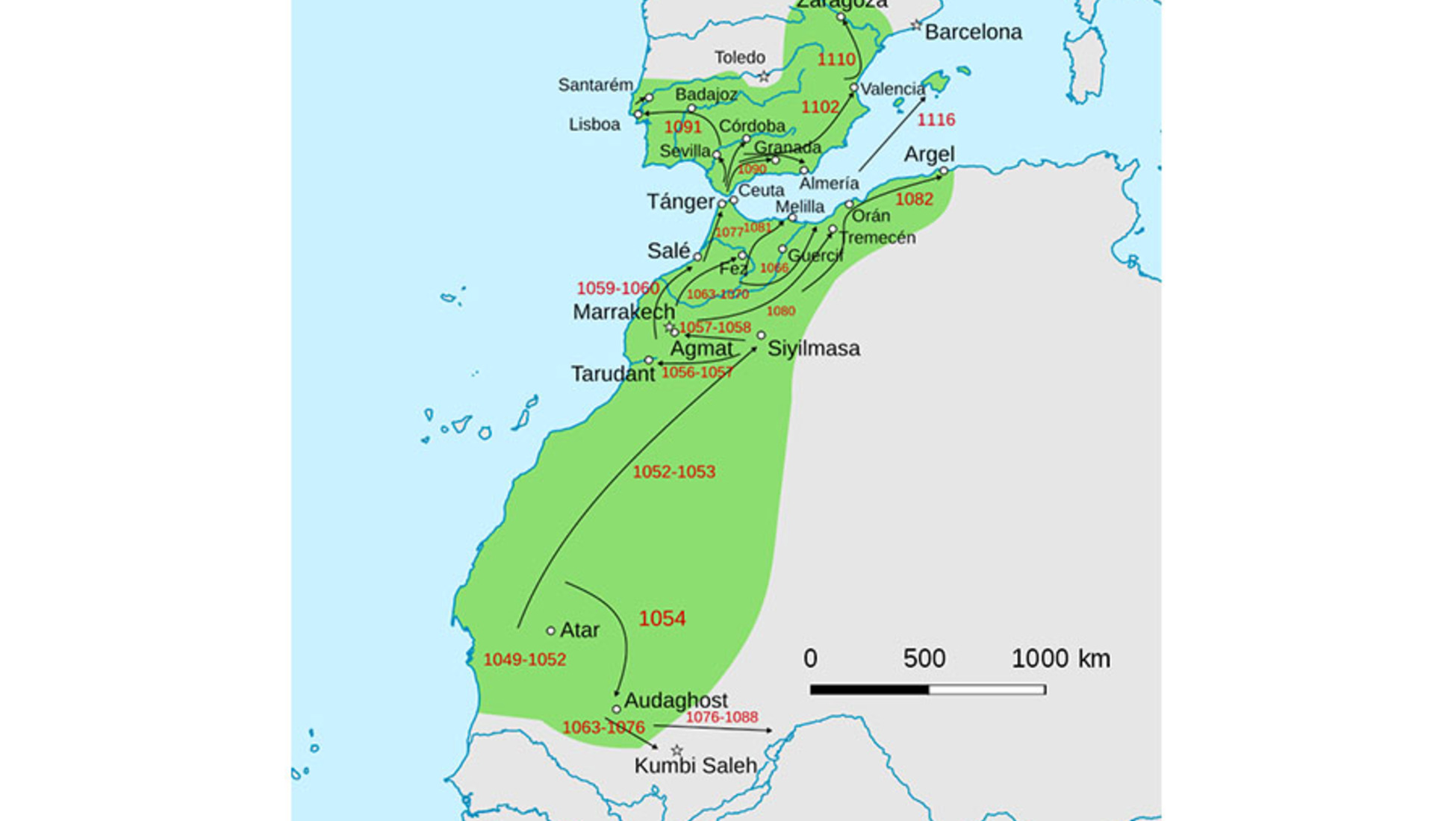 Mapa do Estado Almorávida em seu apogeu de expansão territorial. 