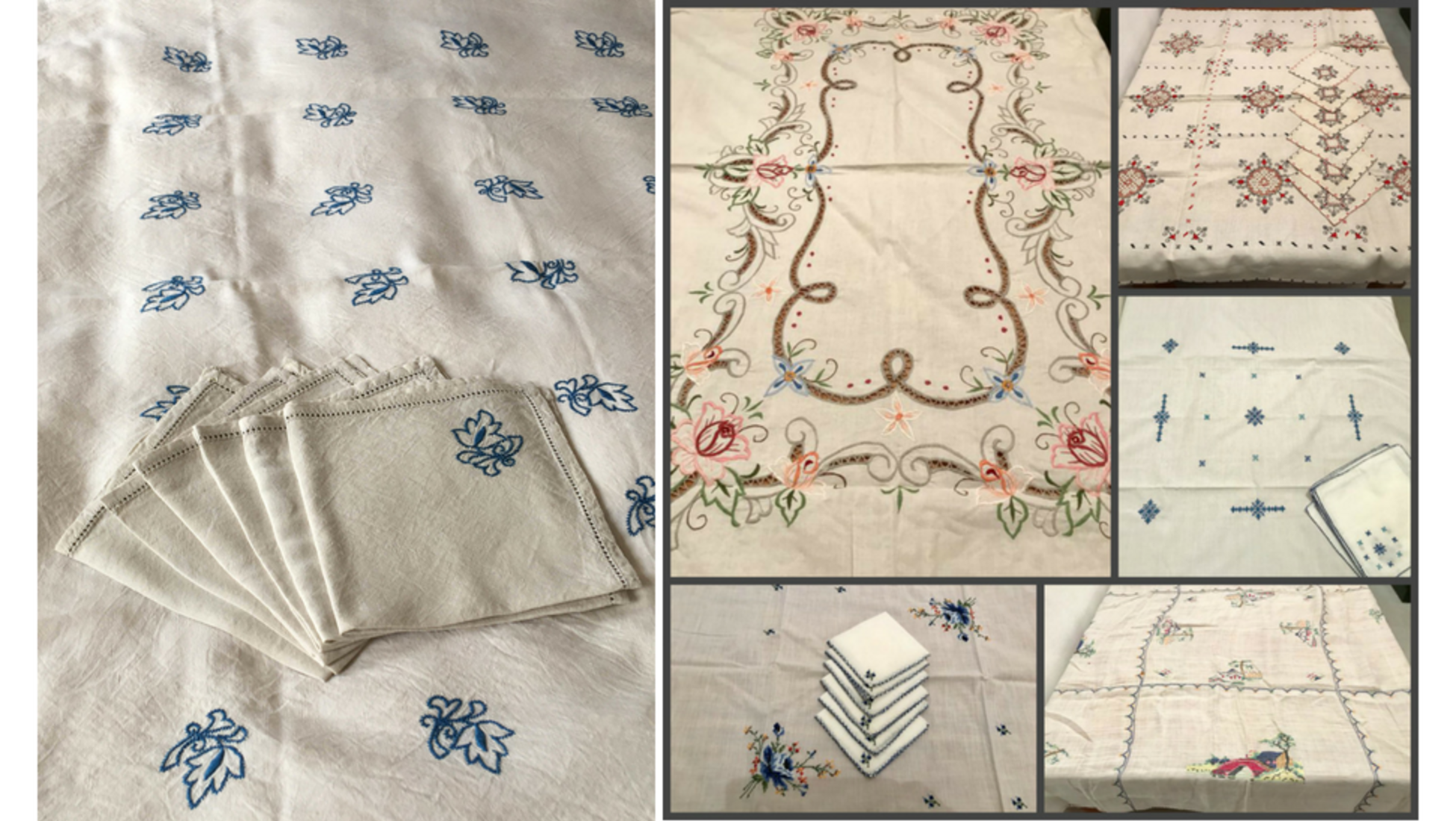 Antique French Tablecloth and Napkins in White Linen, 1900, Set of